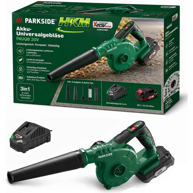 PARKSIDE 20 V Akku-Universalgebläser PAUGB B2, Laubsauger mit 2 Ah Akku und Ladegerät, 2 Leistungsstufen, leichte Handhabung, Ergonomischer Softgrip-Griff
