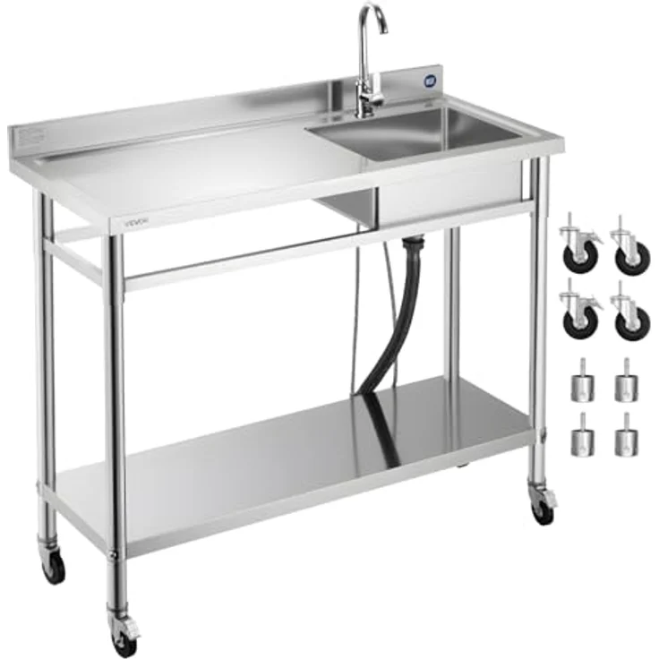 VEVOR Edelstahl Spültisch mit Wasserhahn & Rädern, 1200 x 500 x 1055 mm, Multifunktionsdesign für Garage und Restaurant, verstellbare Ablage, 360° drehbarer Wasserhahn – Bild 1
