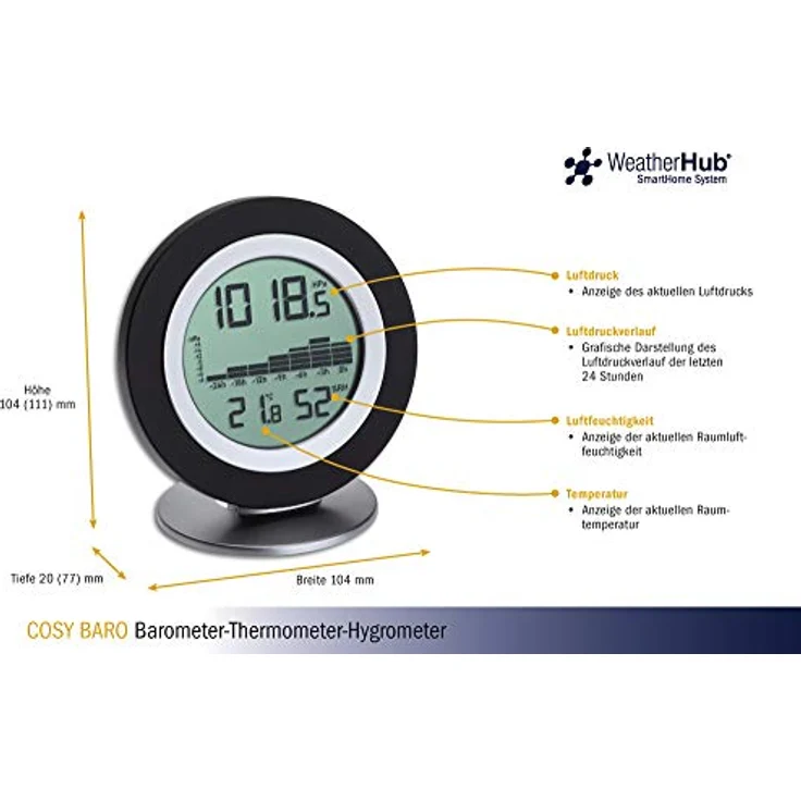 TFA Cosy Baro, Funk-Wetterstation mit digitalem Barometer, Thermometer und Hygrometer, Schwarz, SmartHome-fähig – Bild 2