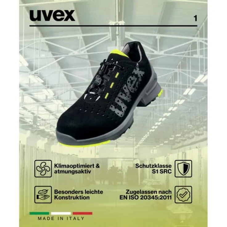 Uvex 1 gelochter Halbschuh,Sicherheitsschuhe S1 SRC, Arbeitsschuhe für Damen & Herren, Schwarz/Lime, Größe 41 – Bild 4