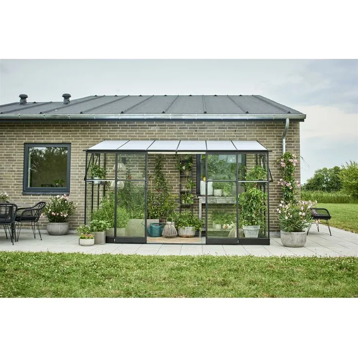 Halls Gewächshaus Qube Lean-to 612 Schwarz, 3,74 x 1,88 x 2,30 m, m/3 mm Sicherheitsglas