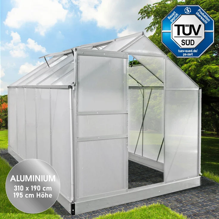BRAST Gewächshaus Aluminium 310x190x195cm Silber mit Fundament rostfrei TÜV geprüft Alu Treibhaus Glashaus Tomatenhaus – Bild 2