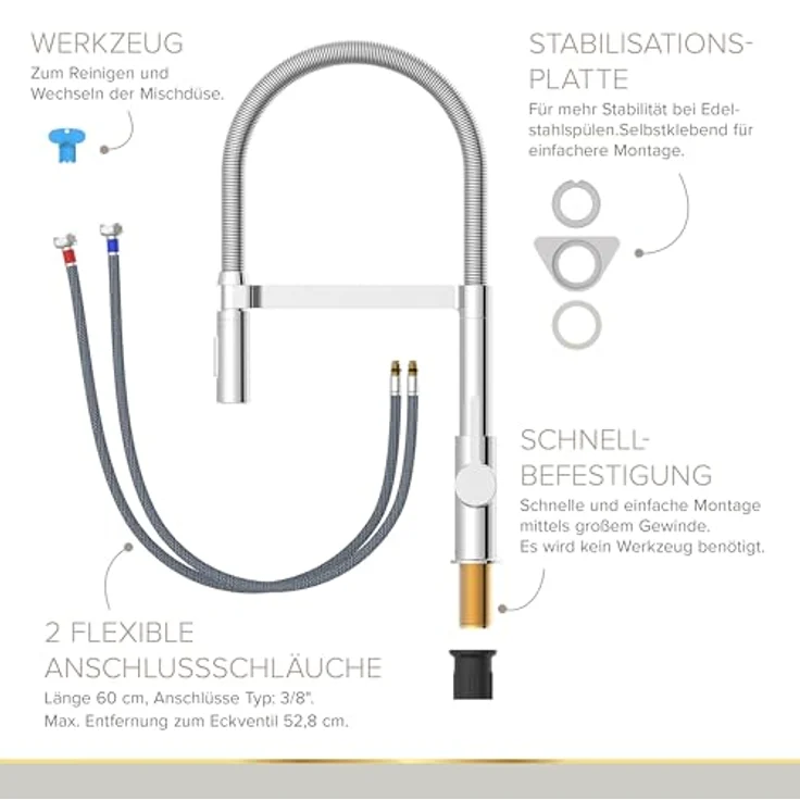 Lenz Küchenarmatur ALUNA, Chrom, flexible Geschirrbrause mit 2 Strahlarten, 360° Schwenkfunktion, nickelfrei – Bild 6