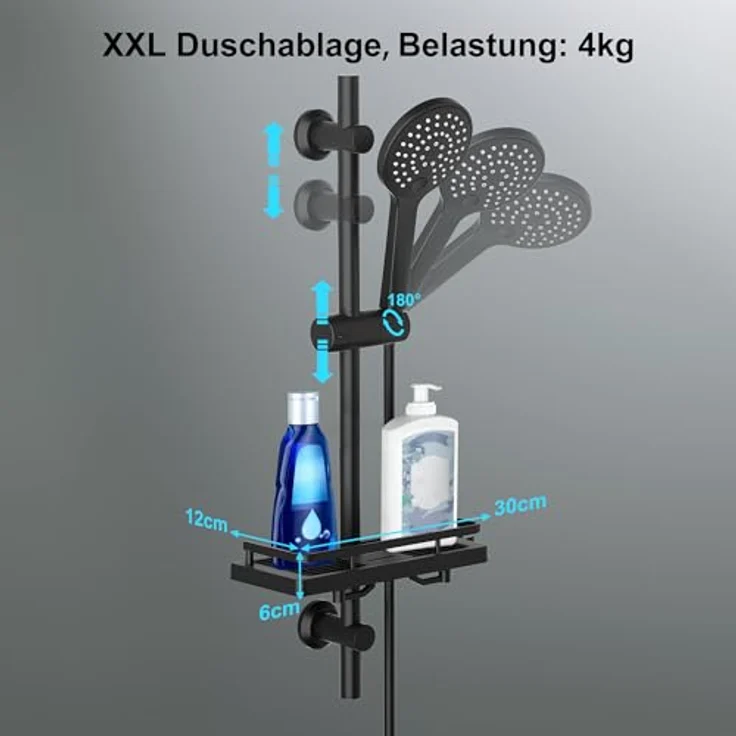 Görbach Edelstahl Duschstange mit Brause, 3 Strahlarten, 70 cm, schwarz, inkl. verstellbarer Wandhalterung und Duschschlauch 150 cm – Bild 4