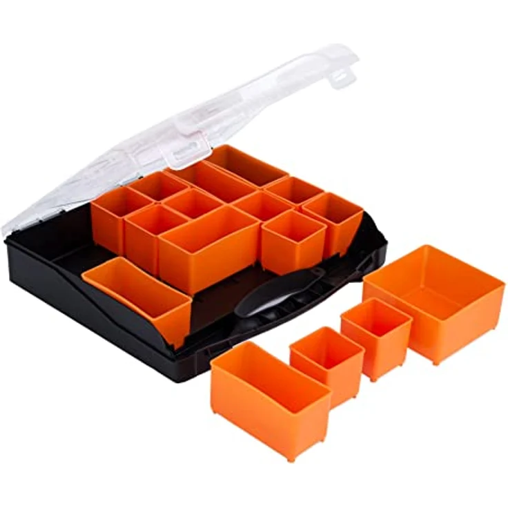 BigDean Werkzeugkoffer Sortierkasten mit 4 herausnehmbaren Schubladen Sortimentskasten - Flexibles Ordnungssystem, Kunststoff, schwarz, orange, transparent – Bild 4