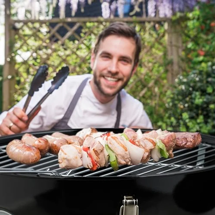 Relaxdays Kugelgrill tragbar Ø 37cm mit Grillzange, kompakte Größe, fixierbarer Deckel, Schwarz/Silber – Bild 3