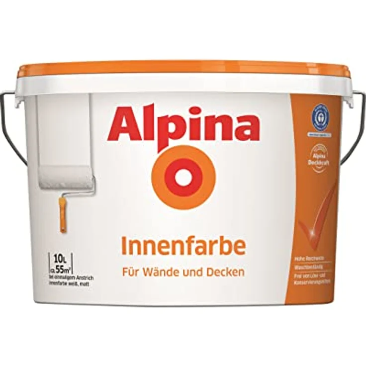 Alpina Innenfarbe schneeweiß matt, 10 l, hohe Deckkraft, geruchsarm, waschbeständig, frei von Löse- und Konservierungsmitteln – Bild 1