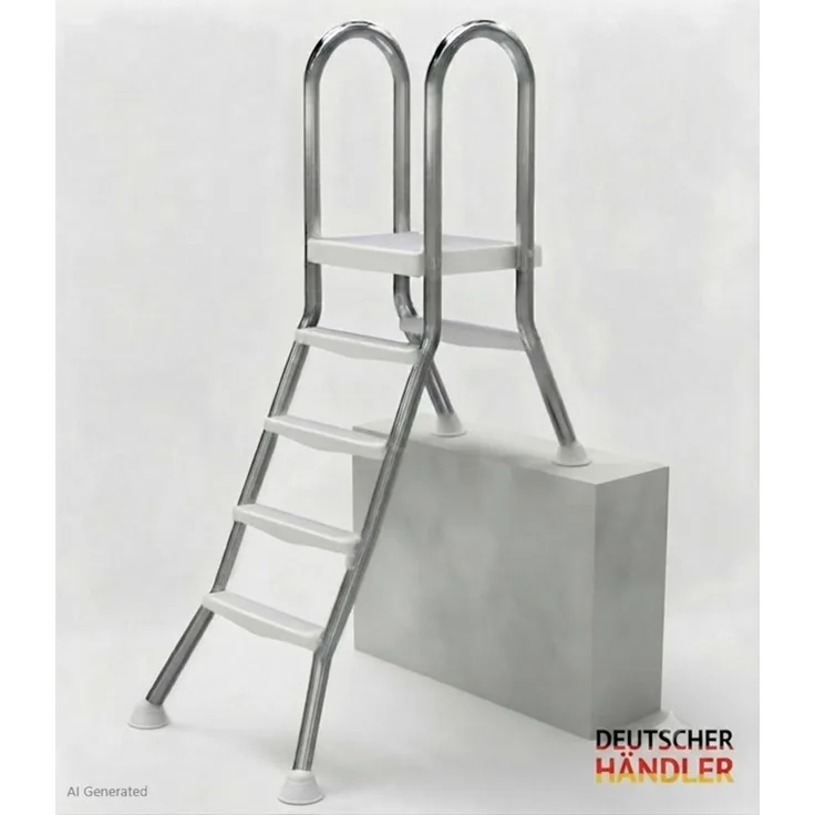 BruKa CARIBIC EASY XXL Poolleiter, teilversenkt aus rostfreiem V2A Edelstahl, mit 4 rutschhemmenden Hartkunststoffstufen und Poolthermometer, für Becken bis 1,2 m Tiefe, 150 kg Tragkraft