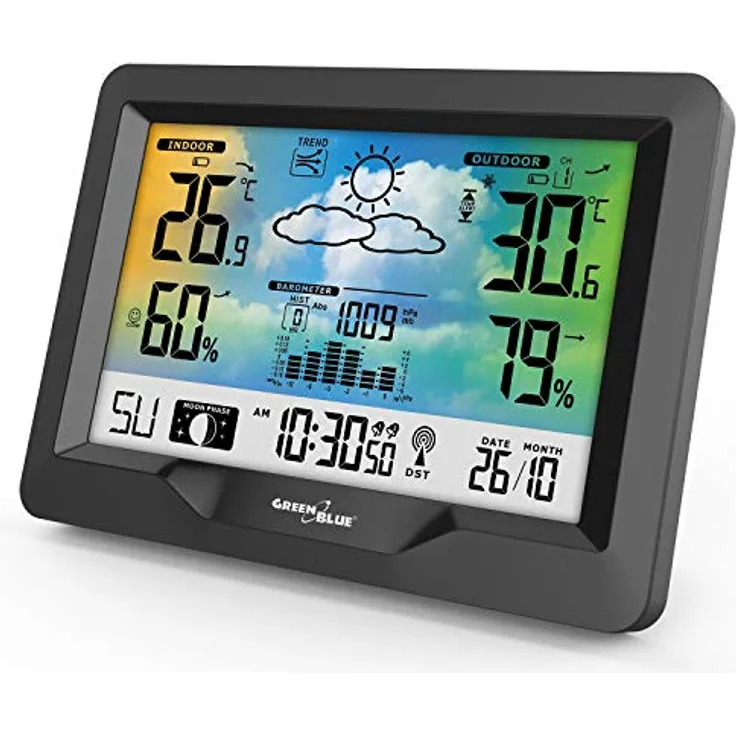 Greenblue 60133 Wetterstation, digitale Akku-Wetterstation mit Hygrometer und Thermometer, Schwarz