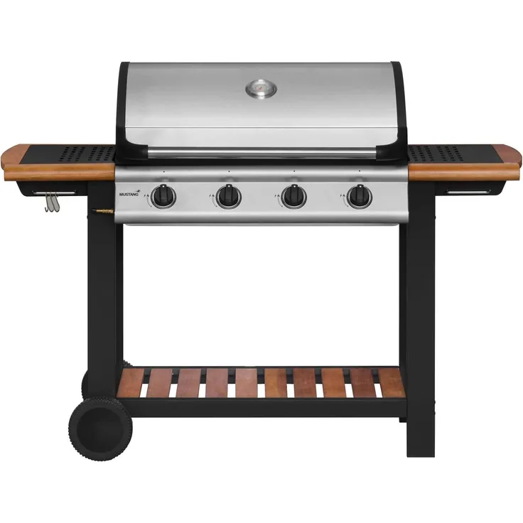 Mustang 4-Brenner-Gasgrill aus Gusseisen, Grillfläche 77 x 41 cm, 14 kW Leistung, mit Warmhalterost und verchromtem Drahtstahl