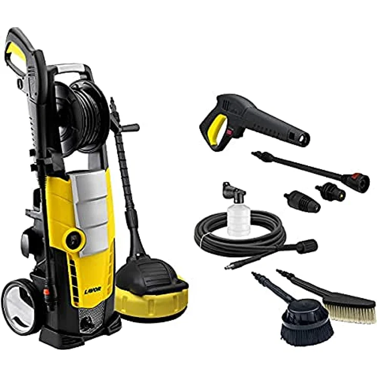 Lavor 0.0160.0160 Galaxy Kit Kaltwasser-Hochdruckreiniger 160 bar Arbeitsdruck inklusiv verschiedener Zubehöraufsätze Lieferleistung 480 L-H mit Rollen, 2500 W, Gelb – Bild 2