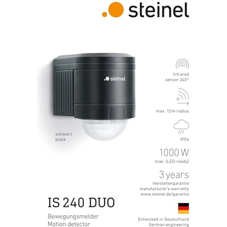 Steinel Bewegungsmelder IS 240 DUO schwarz, 240° Erfassung, 12 m Reichweite, innen/ außen, 1000 W Schaltlast, IP54 – Bild 3
