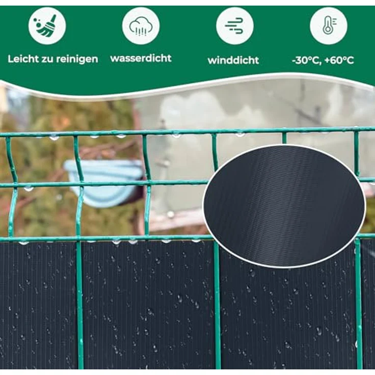 Intergo PVC Sichtschutzstreifen 35m Rolle Anthrazit, UV-beständig & reflexionsarm inkl. Befestigungsclips Gartensichtschutz – Bild 2