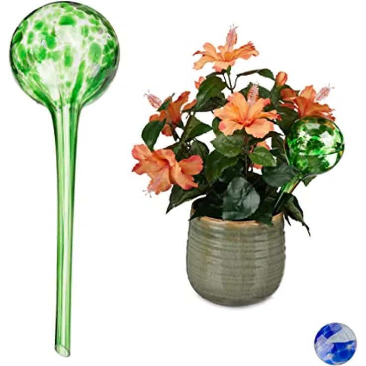 relaxdays Tropfer Bewässerungskugel 2er Set, Glas mit 350 ml Füllmenge, Grün