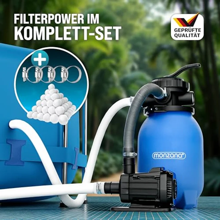 monzana Sandfilteranlage MZPP100, 5000 L/h, für Pools bis 20.000 L, inkl. Filterbälle, 7-Wege-Ventil, schwarz/blau – Bild 3