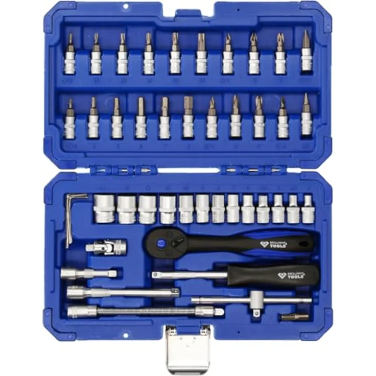 BRILLIANT TOOLS BT020046 1/4" Steckschlüssel-Satz, 46-tlg, Chrom-Vanadium-Stahl, stabiler Transportkoffer, gummierte Ratschengriffe, verbesserte Übersichtlichkeit – Bild 4