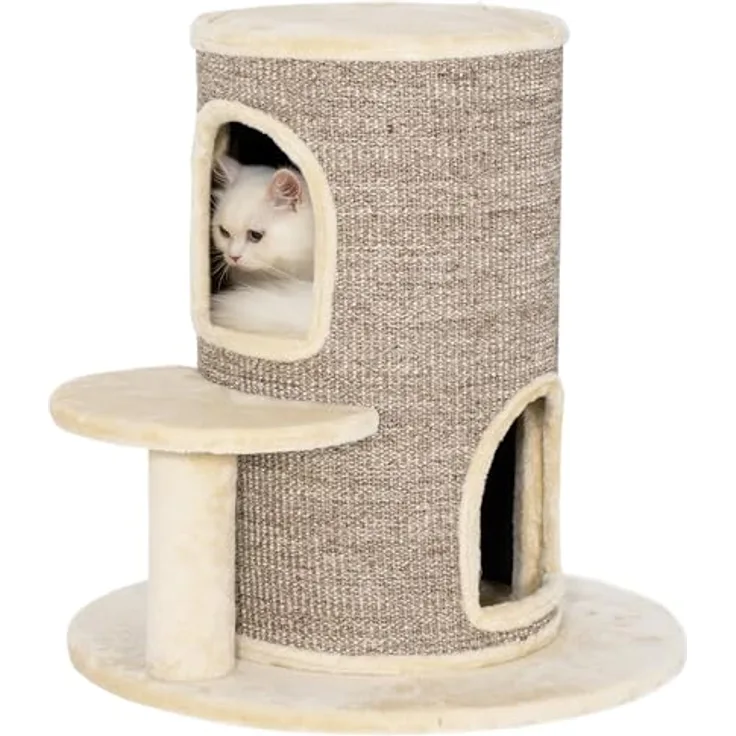 PawHut Kratztonne für Katzen, 61 cm hoch, mit 2 Höhlen, Sisal-Kratzfläche und Plüschbezug, in Beige
