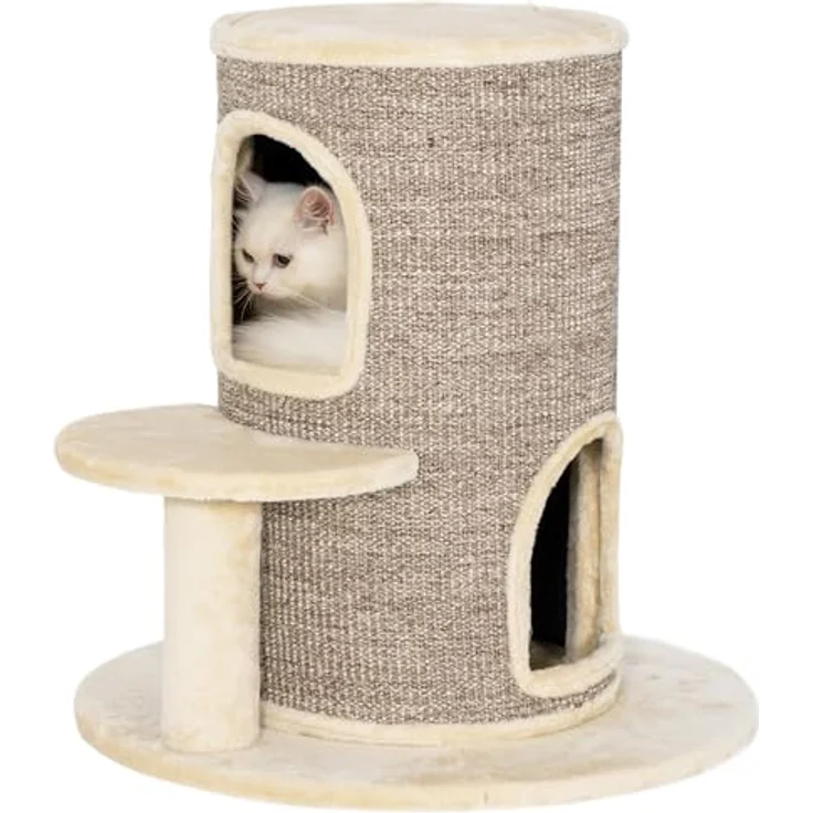 PawHut Kratztonne für Katzen, 61 cm hoch, mit 2 Höhlen, Sisal-Kratzfläche und Plüschbezug, in Beige – Bild 1