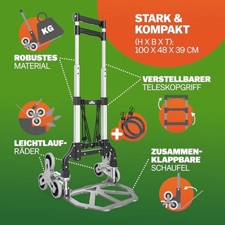 Gardebruk Aluminium Treppenkarre klappbar, 80 kg Tragkraft, inkl. Handschuhe und Expanderseile – Bild 2