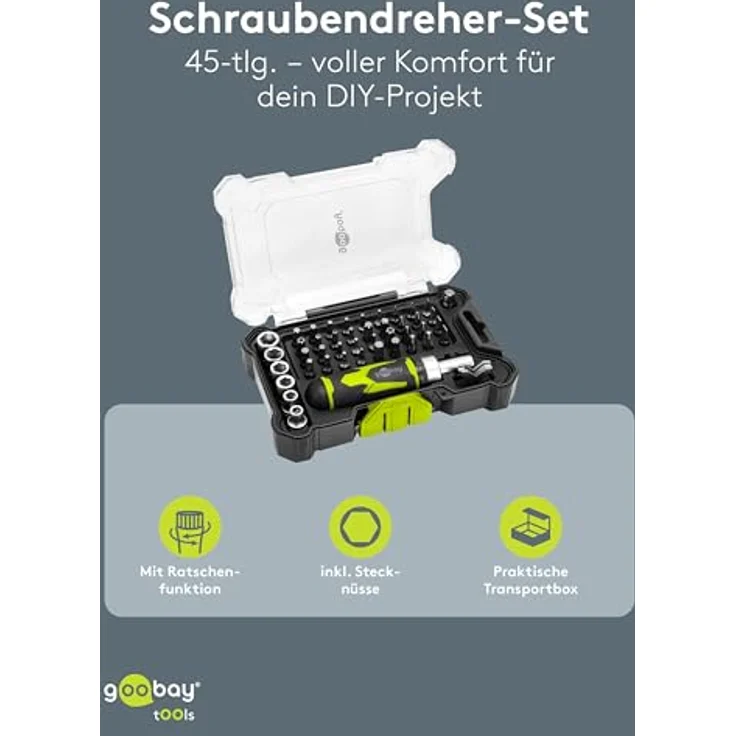 goobay Schraubendreher-Set 43-teilig, mit magnetischem Bithalter, Ratschen-Schraubendreher, S2-Stahl, inkl. Steckschlüsselsatz und Aufbewahrungsbox – Bild 2