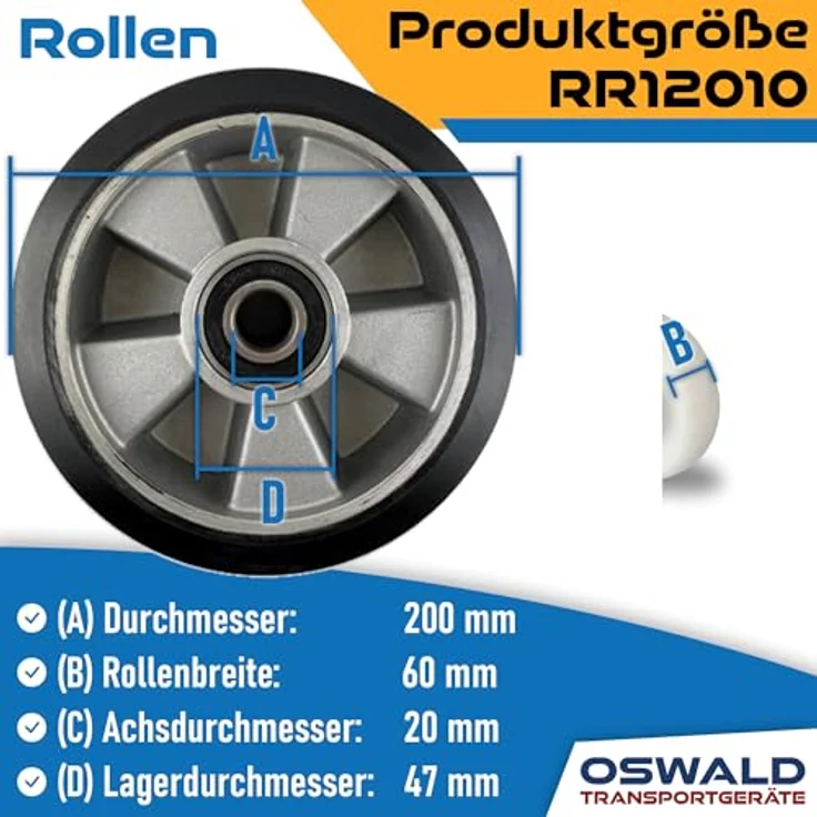 OSWALD Transportgeräte Gabelhubwagen Räder & Rollen Satz, 4-teilig, Gummi/Polyurethan, Tragkraft 500 kg, inkl. Kugellager – Bild 5