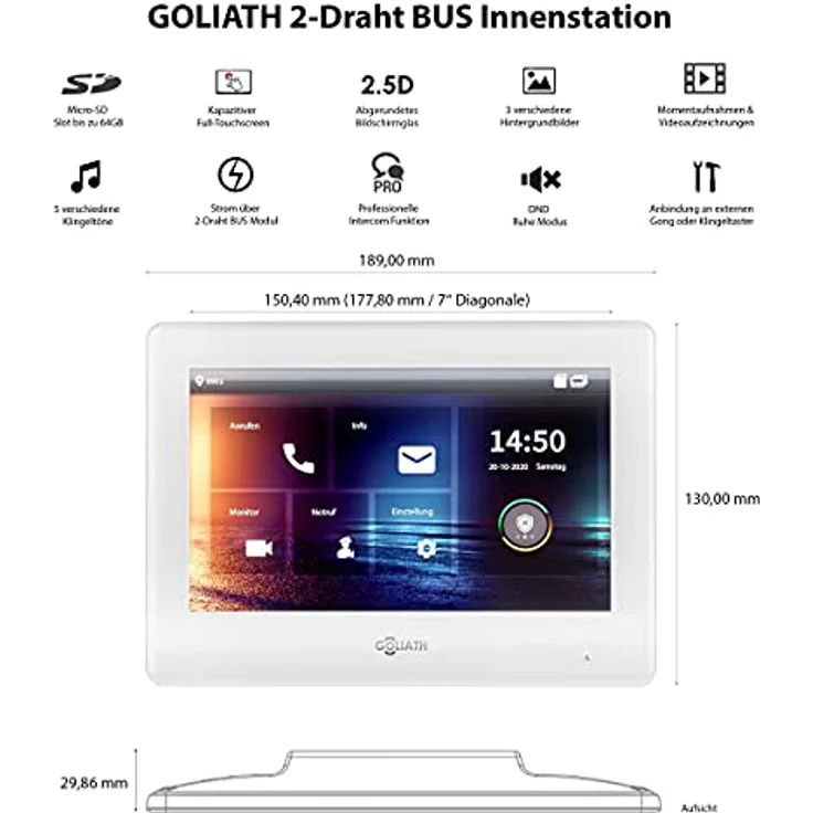 Goliath Intercom 2-Draht BUS Video-Türsprechanlage mit RFID, 2 Monitore, 180° Weitwinkelkamera, Silber, für 2-Familienhaus – Bild 3