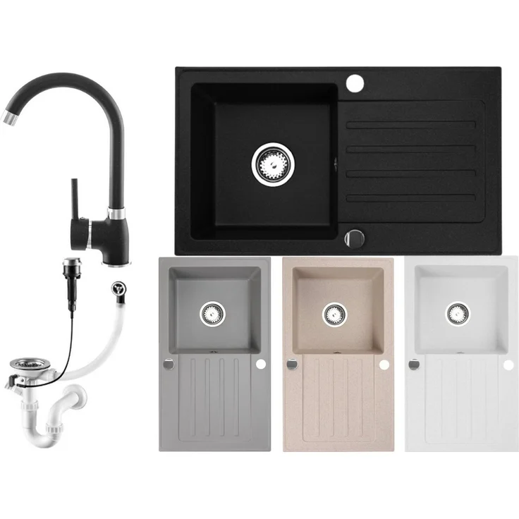 Faizee Möbel Granitspüle Eckig 75x45, Schwarz gesprenkelt, mit Siphon und Armatur - Hitzebeständig, kratzfest, inkl. Montageanleitung - Preisvergleich