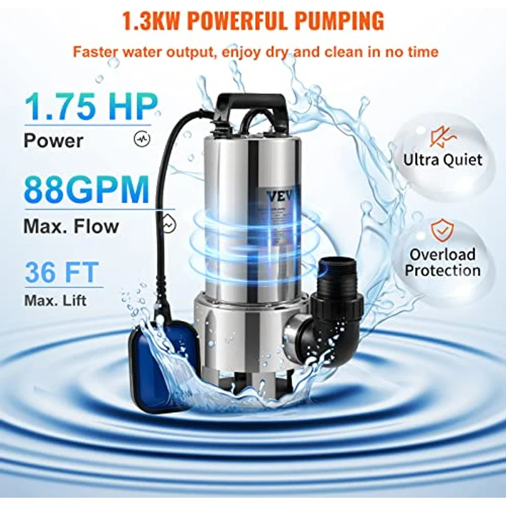 VEVOR Tauchpumpe 1300W Schmutzwasserpumpe 230V Gartenpumpe Durchfluss 20000L/h Schmutzwassertauchpumpe max. Hub 11m IPX8 Ideal zum Pumpen von Wasser aus Schwimmbädern Kellern Teichen – Bild 3