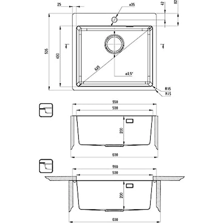 Faizee Möbel Granitspüle 76x44 mit Armatur Side, Eckig, Matt Schwarz, inkl. Siphon Set – Bild 6