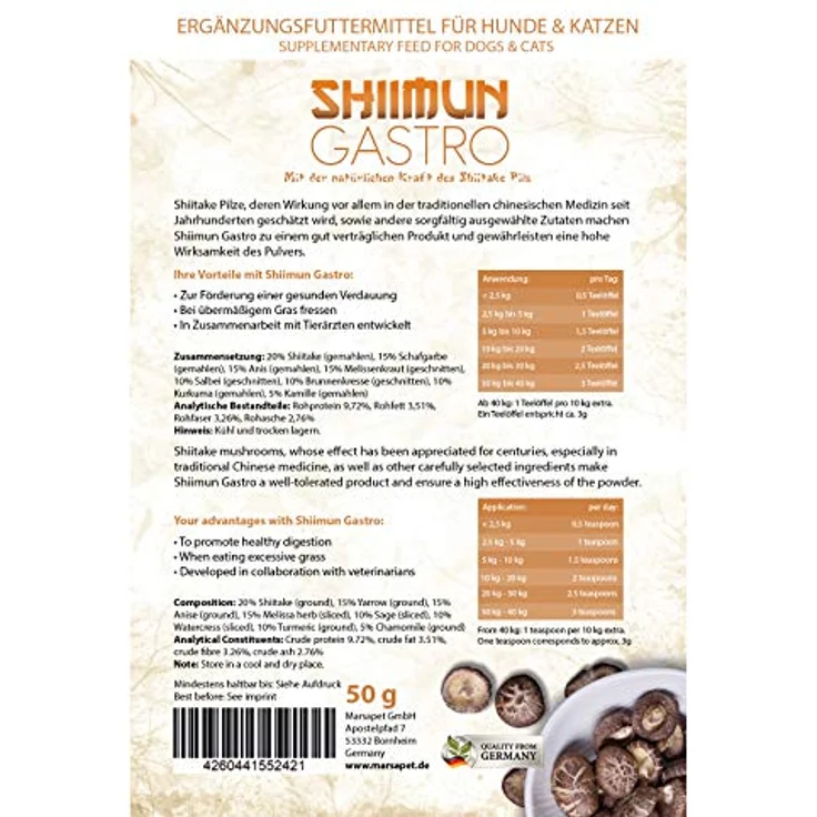 Bellfor Shiimun Gastro 50 g | natürliche Nahrungsergänzung für Hunde und Katzen: fördert eine gesunde Verdauung, REGT den Appetit an, mit Shiitake – Bild 3