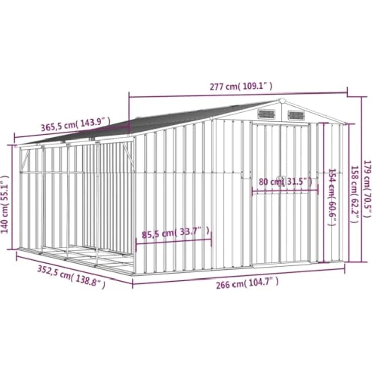 vidaXL Gerätehaus, Gartenhaus mit Schrägdach Griffe, Gartenschuppen Schuppen mit Stauraum, Geräteschuppen Metallschuppen, Braun 277x365,5x179 cm Verzinkter Stahl – Bild 4