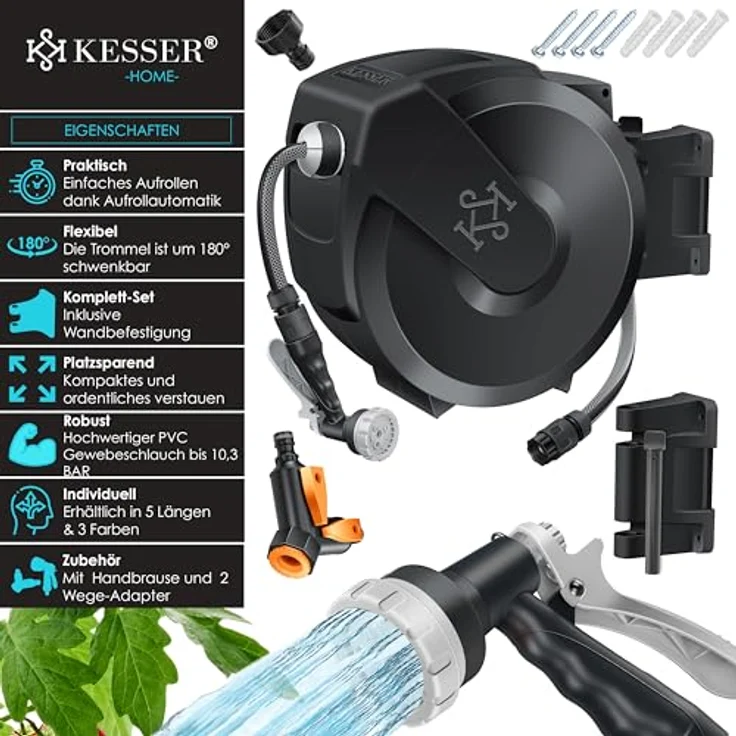 KESSER® Schlauchtrommel 20m mit Wandhalterung, 180° schwenkbar, automatische Aufrollung & 7-Funktionen Handbrause – Bild 2