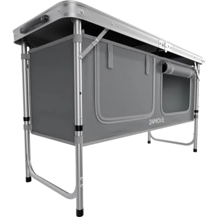 24MOVE® Campingküche Praia, faltbar und höhenverstellbar, Alu Reiseküche mit Arbeitsplatte und Staufächern, grau, inkl. Tragetasche – Bild 1