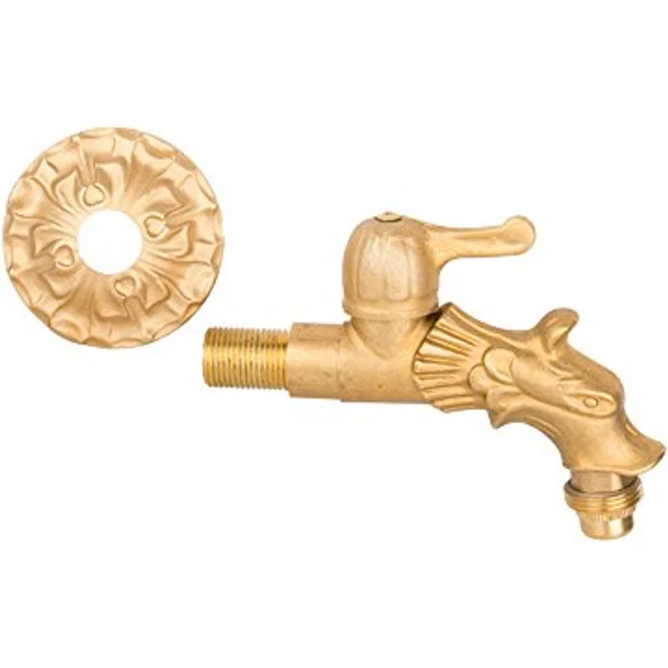 Boni-Shop Nostalgie Auslaufventil Wasserhahn, Messing massiv mit Drachenkopf und Hebel, 1/2" Wandanschluss, inkl. Wandrosette – Bild 2