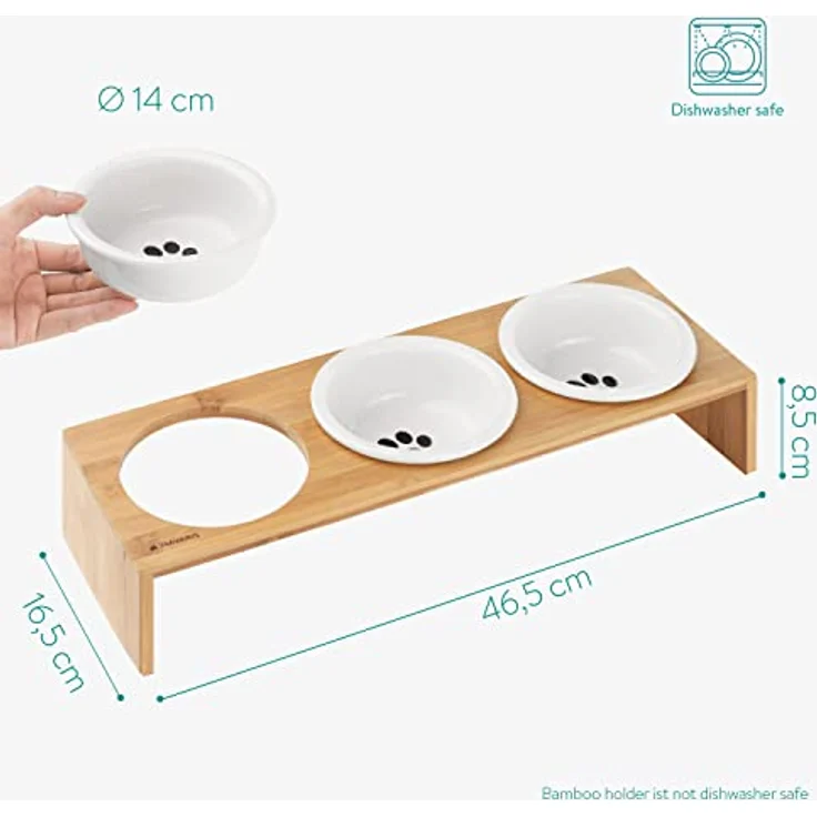 Navaris Futternapf Katze mit Bambus Halter - Futterstation Set Keramiknapf für Katzen Hunde - Keramik Fressnapf Set Futterbar mit Holz Halterung – Bild 3