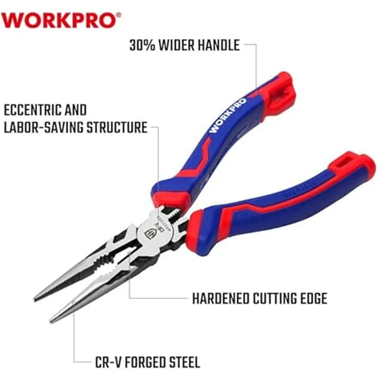 WORKPRO Flachzange mit langer Spitze, 160 mm, 22,5 x 9 x 9, Chrom-Vanadium, ergonomischer Griff – Bild 3