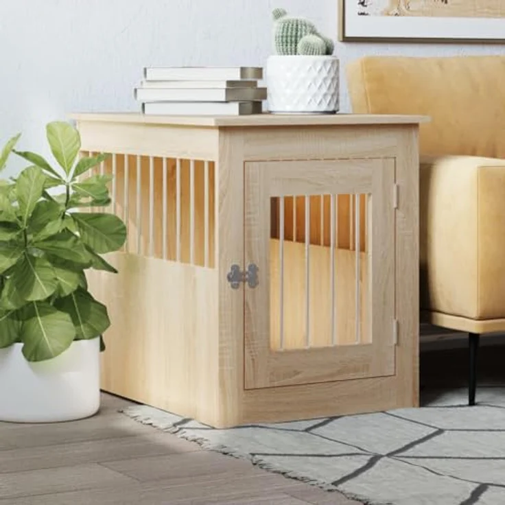 vidaXL Hundekäfig im Möbelstil, Abschließbar Hundebox mit Tür, Hundehütte Beistelltisch mit 2-in-1-Funktion, Hundehaus Haustierkäfig, Sonoma-Eiche 55x75x65 cm Holzwerkstoff – Bild 2