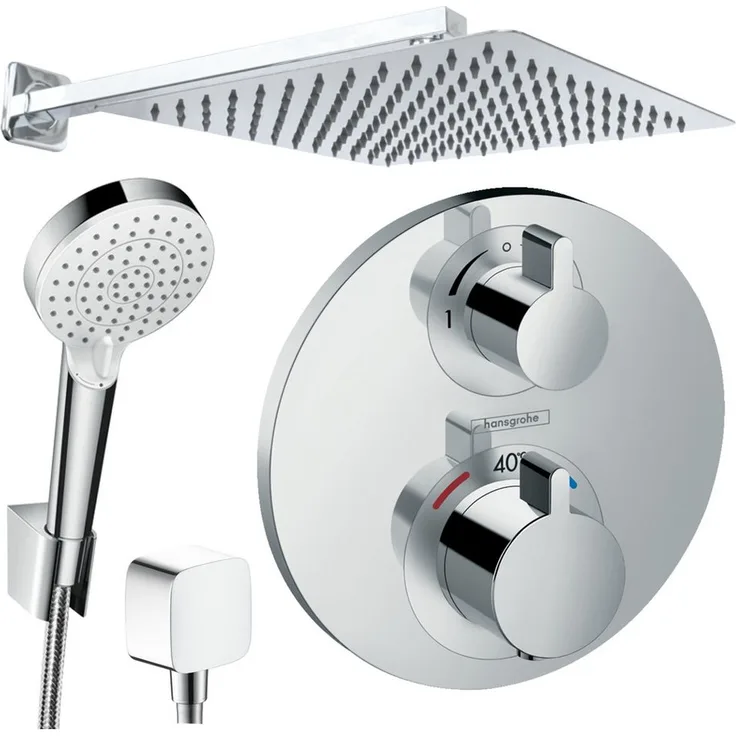 Hansgrohe & Jowi Unterputz Duschsystem, Ecostat S Thermostat mit Kopfbrause, Regendusche 250/300/360mm, Chrom