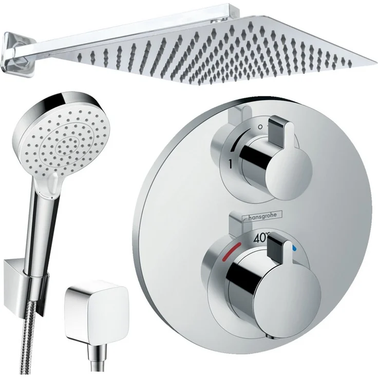 Hansgrohe & Jowi Unterputz Duschsystem, Ecostat S Thermostat mit Kopfbrause, Regendusche 250/300/360mm, Chrom