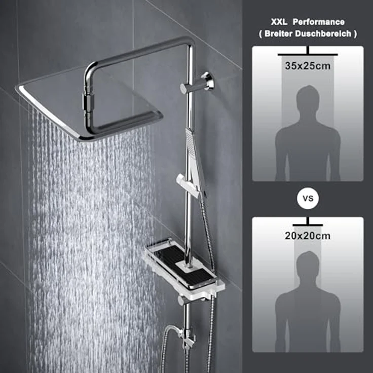 Görbach Edelstahl Duschset Regendusche Duschsystem ohne Armatur, XXL Kopfbrause 35x25 cm, verstellbare Duschstange und Duschablage Chrom – Bild 2