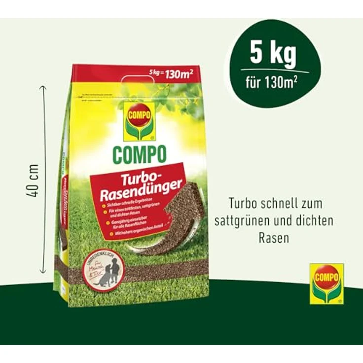 Compo Turbo-Rasendünger, leistungsstarker Rasendünger für alle Rasenflächen, 5 kg für 130 m², mit Mykorrhiza für schnelle Ergebnisse – Bild 3