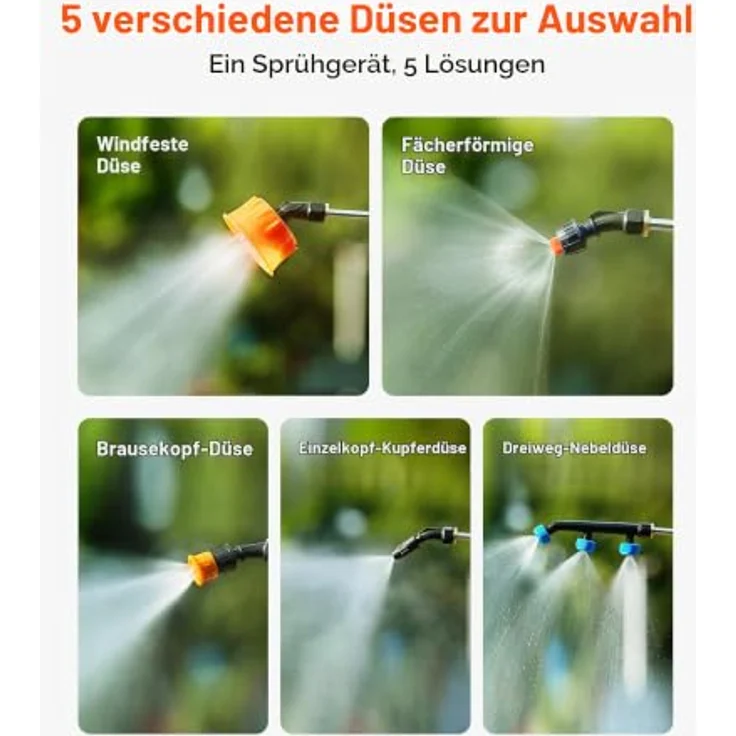 VEVOR Akku-Sprühgerät 12 L, elektrischer Rücken-Drucksprüher mit 2 einziehbaren Stäben und 5 Düsen, einstellbar 0–6 bar, 2 Stunden Laufzeit, tragbarer Pumpsprüher für Hof, Garten und Rasen – Bild 4