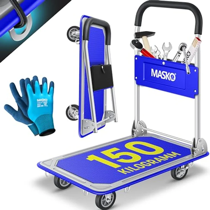 MASKO Transportwagen, Klappbarer Plattformwagen mit robustem Stahlrahmen, 150 kg Tragfähigkeit, Inkl. Arbeitshandschuhe – Bild 1