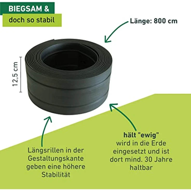 Windhager Rasen- und Gestaltungskante aus Kunstsoff, Beetumrandung, Beeteinfassung, Mähkante, elastisch, 8 m x 12,5 cm, 06099 – Bild 2