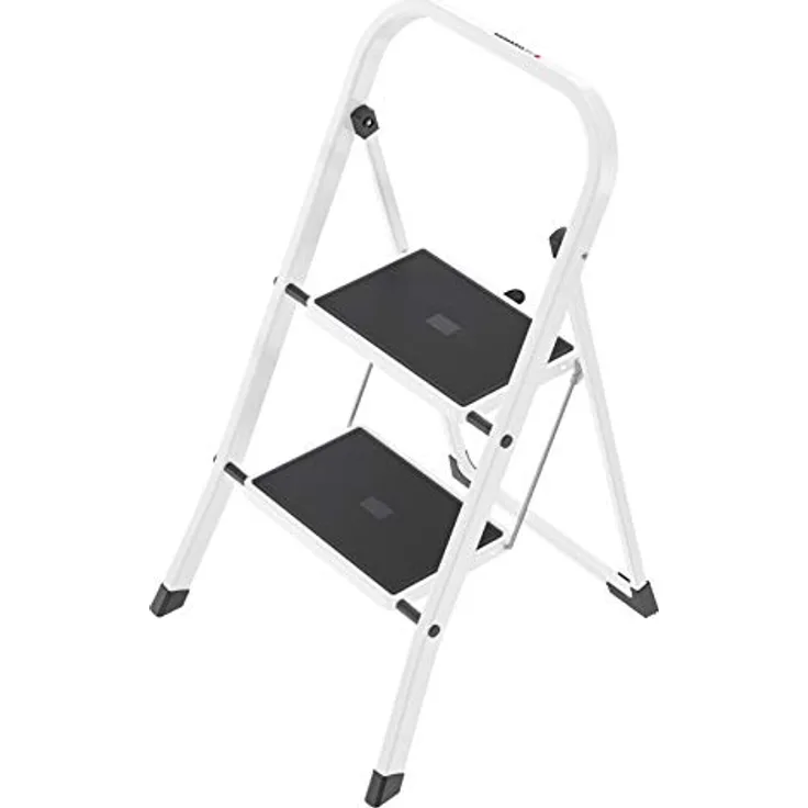 HAILO Klappbare Trittleiter, Stahl, mit rutschfesten Stufen, K40 Basicline, 2 Stufen, max. 225 cm Arbeitshöhe, 150 kg Tragkraft, grau