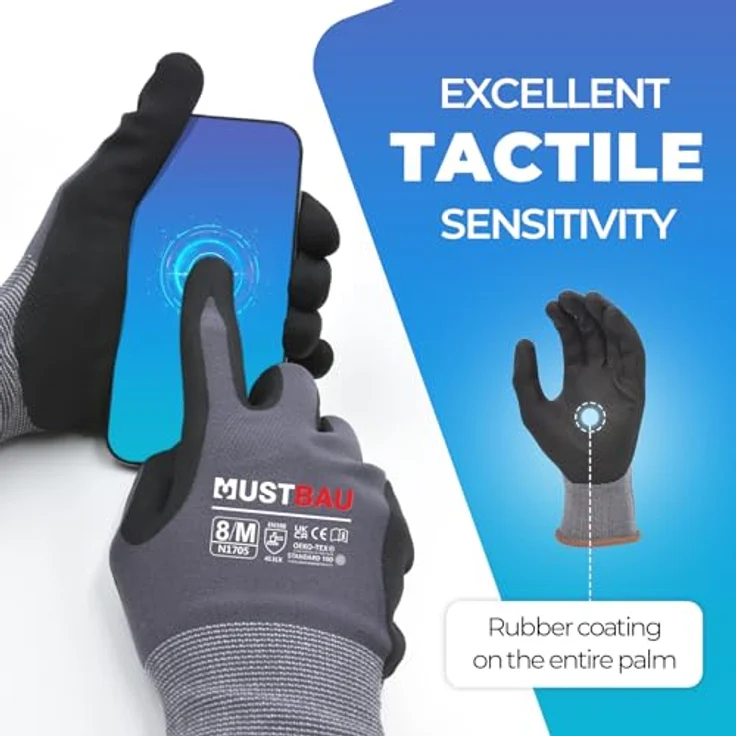 Mustbau Arbeitshandschuhe Schwarz, Nitril beschichtete Handschuhe mit Touchscreen-Funktion für Montage, Mechanik und Gartenarbeit, Gr. M, 6 Paare – Bild 2