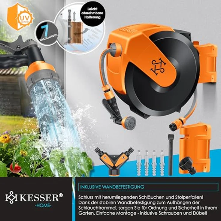 KESSER® Schlauchtrommel mit 15m Gartenschlauch | Wandmontage, 180° schwenkbar, automatische Aufrollung & 7-Funktionen Handbrause – Bild 3