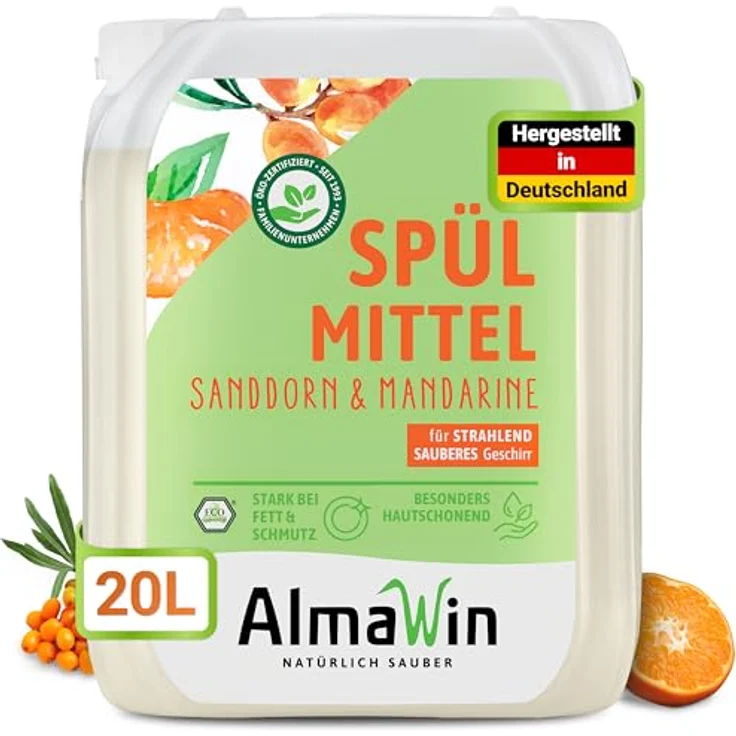 Almawin Geschirrspülmittel Sanddorn Mandarine, 20L, öko-zertifiziert, hautmild mit Sanddorn-Extrakt und Weizenproteinen – Bild 2