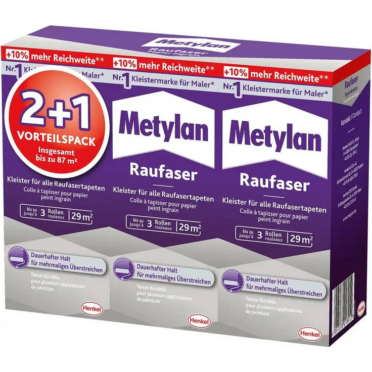 Metylan Kleister Metylan Raufaser, Tapetenkleister für Raufaser und Vließ-Raufasertapeten, 3 x 180 g, überstreichbar bis zu 87 m²
