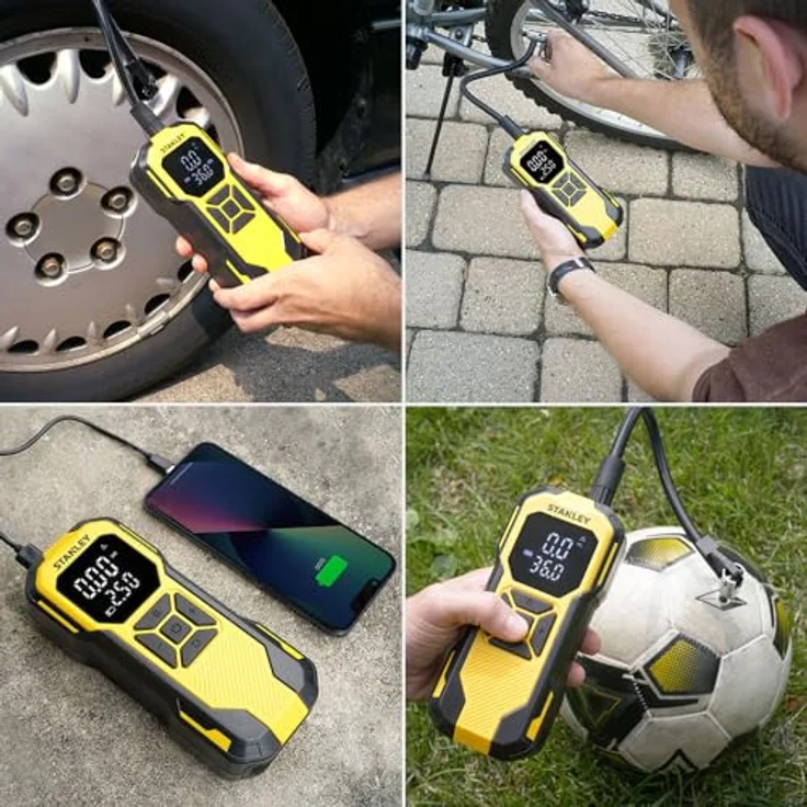Stanley SXIF0101, 12V wiederaufladbare Li-ion Reifenfüllpumpe mit 150 PSI, digitaler Anzeige, Powerbank, SOS-Funktion und LED-Lampe – Bild 5